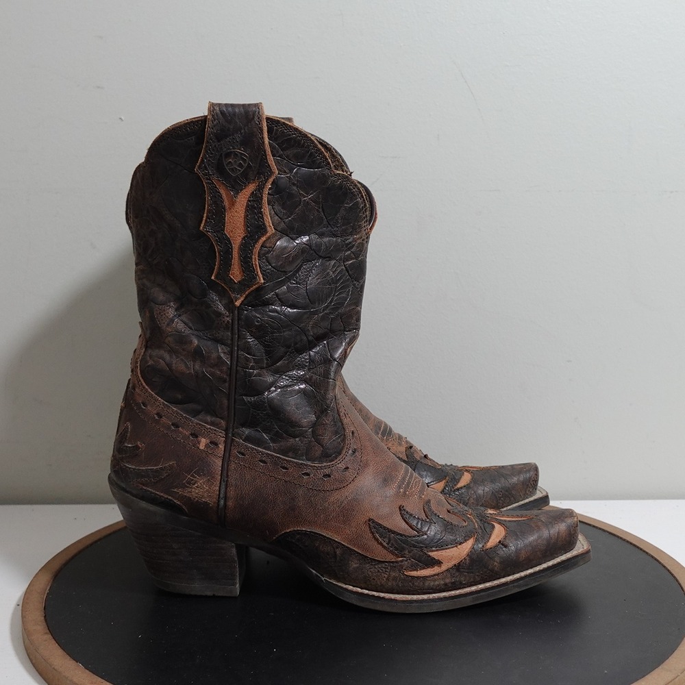 Ariat Women 7.5B Snip Toe Western Boots Brown Leather Embroidered Overlay Cowboy